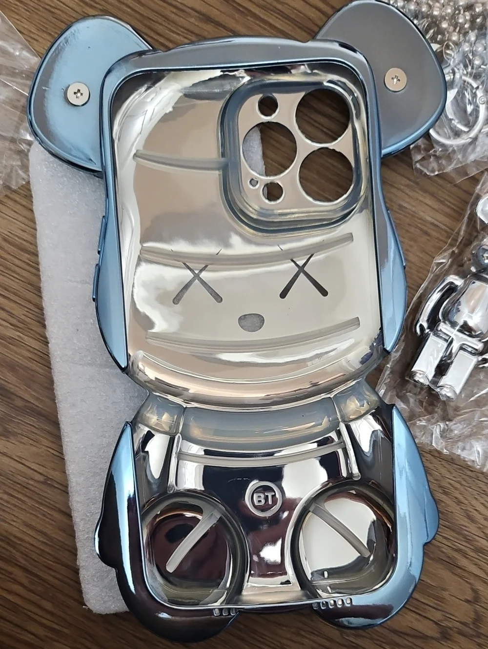 Blue Metallic Bear Phone Case with Silver Bear Bell Keychain Iphone 13 Pro Max